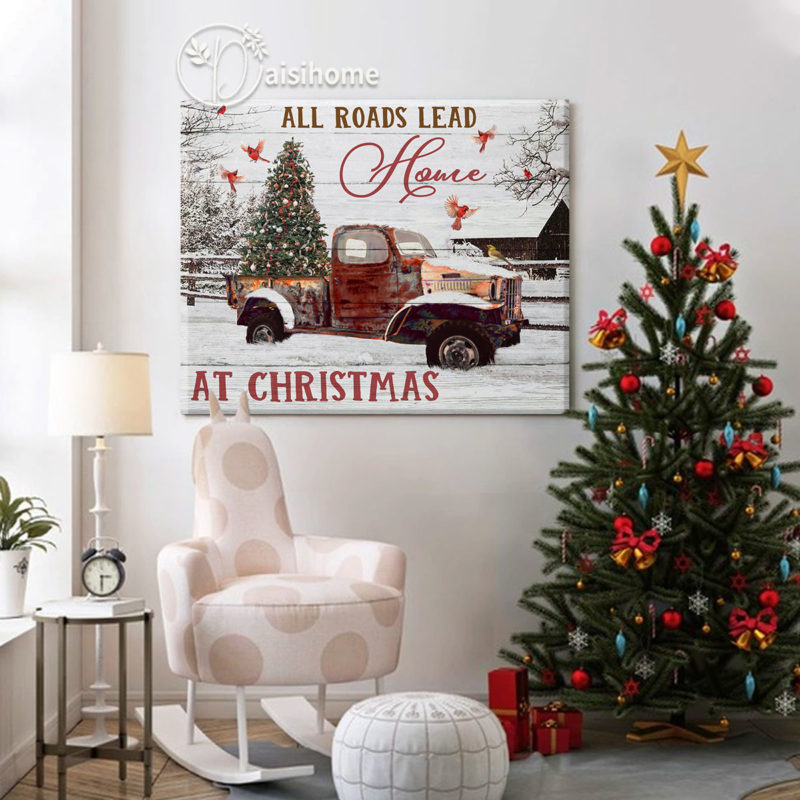 Farmhouse Christmas Wall Art Canvas All Road Lead Home At Christmas Red