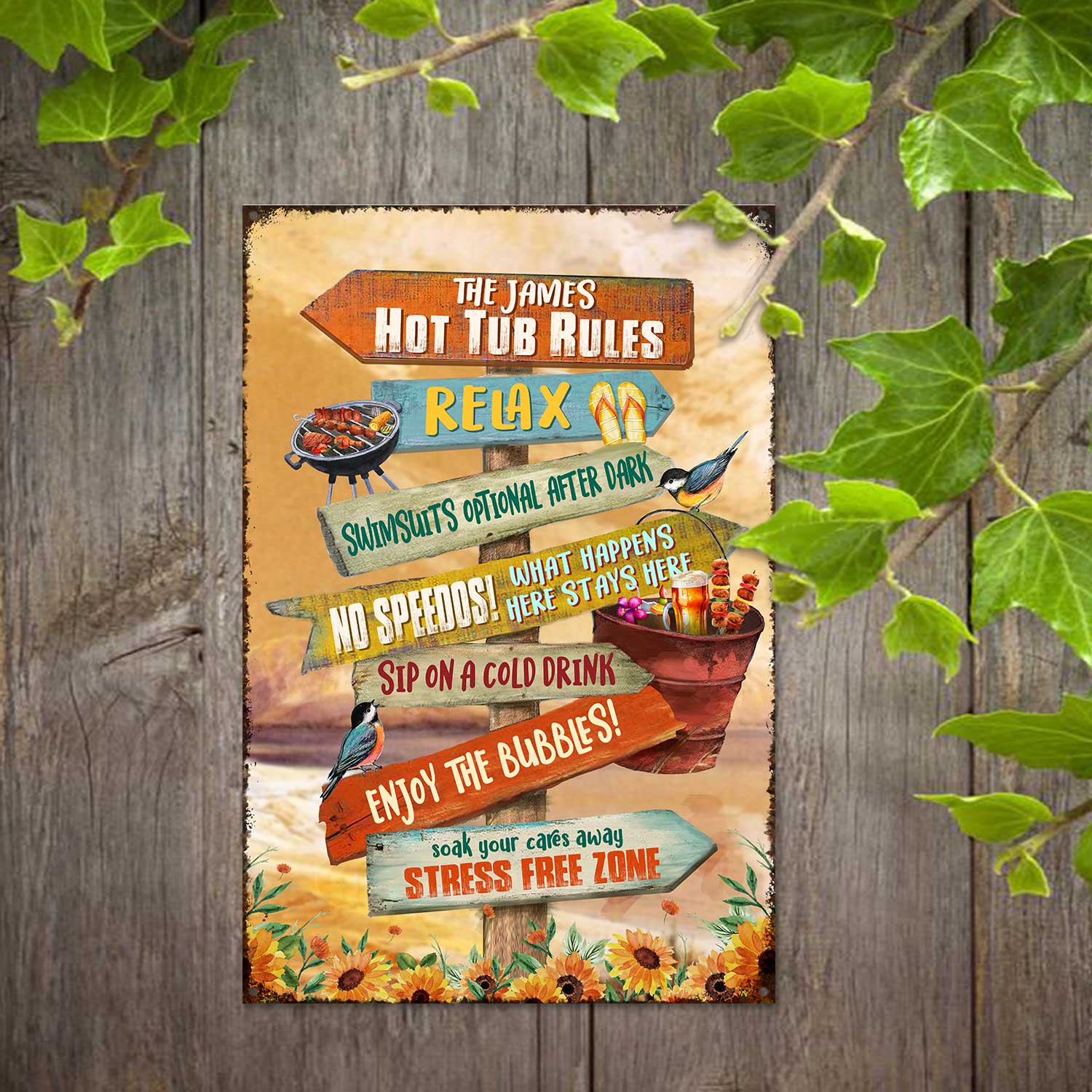 Personalized Hot Tub Rules Metal Sign, Hottub Bathroom Wall Decoration, Stress Free Zone Hot Tub Sign