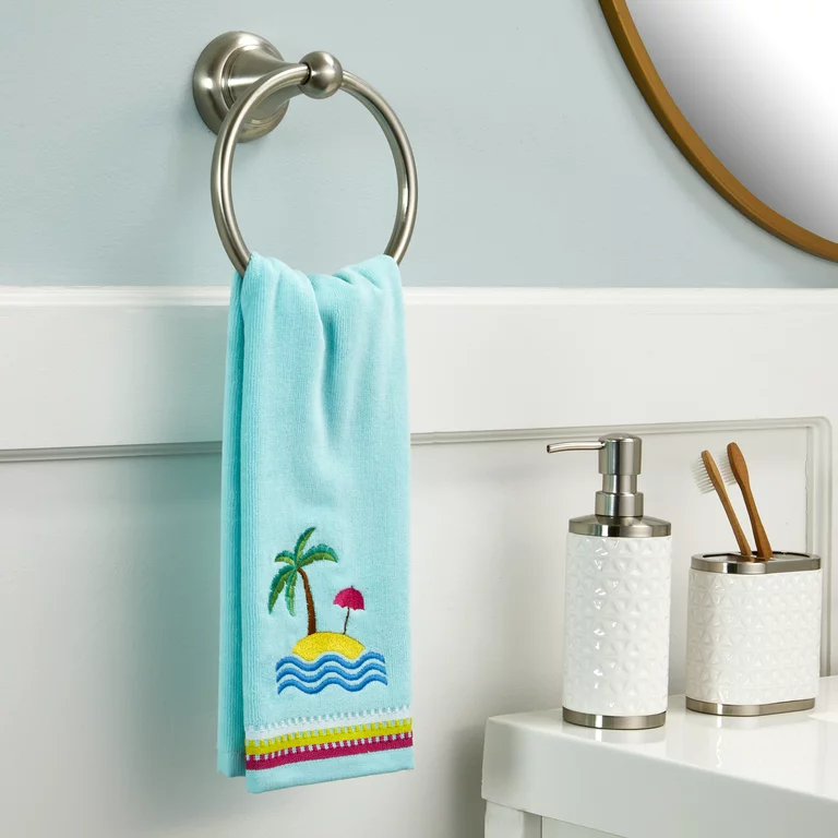 Hang a shelf with colorful patterned towels to brighten up the bathroom1