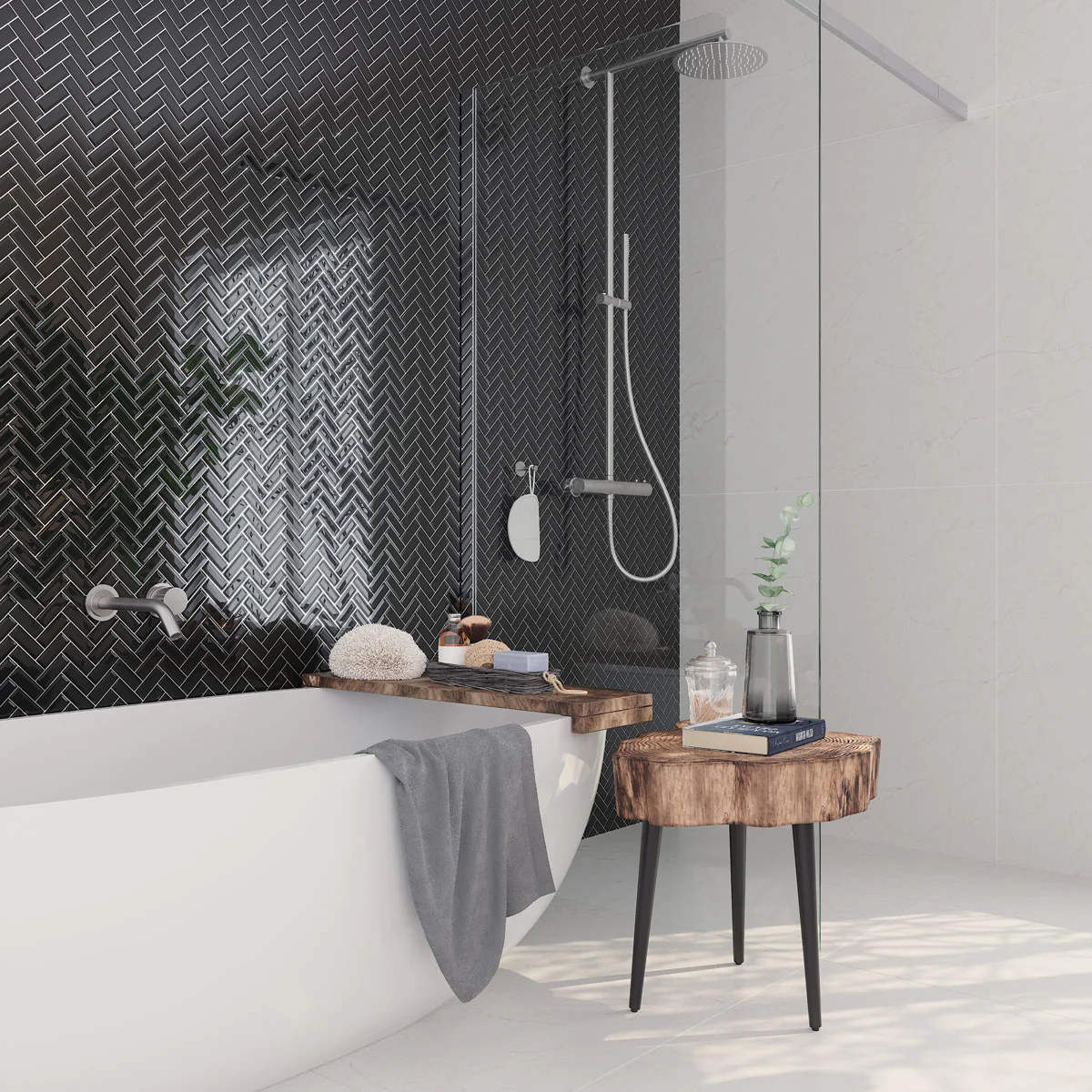 Bathroom with Black Herringbone Tile