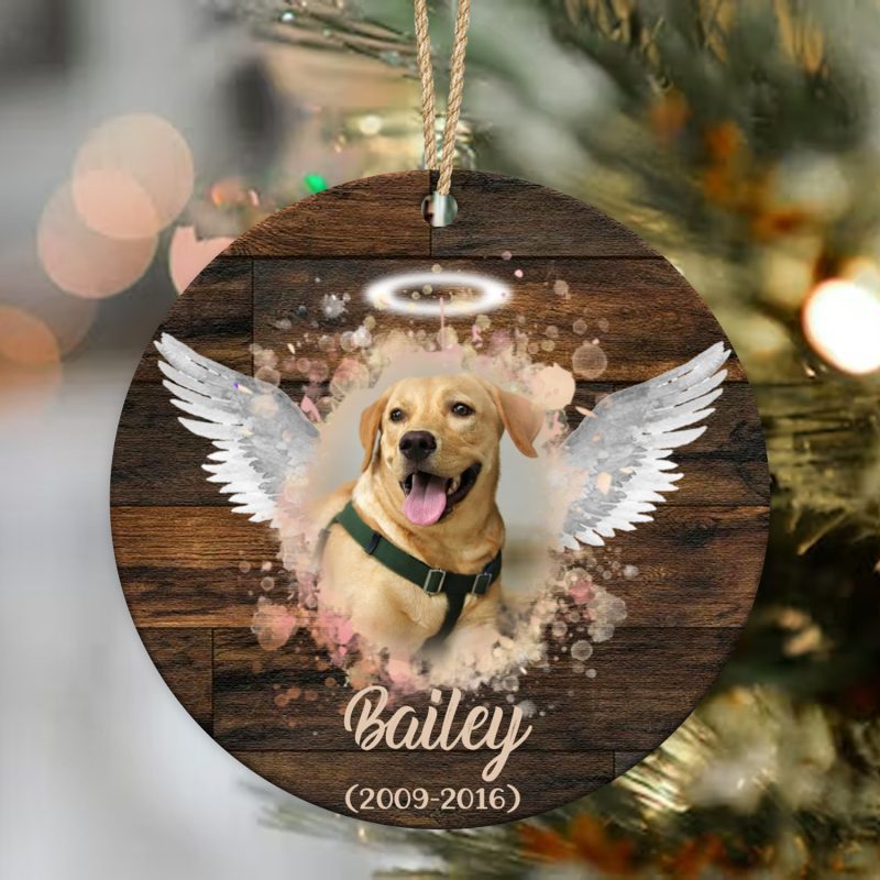 Personalized Dog Memorial Photo With Angel Wings Ornament, Pet Loss